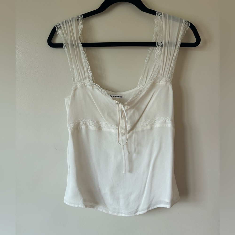 Reformation White Lace-Trim Silk Tank